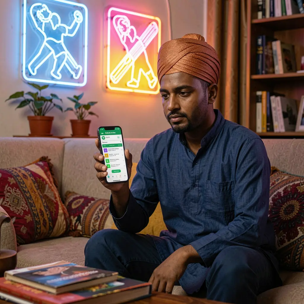 Confident Bangladeshi player using the QQ999 sports betting app with glowing cricket icons and neon lights highlighting live betting action