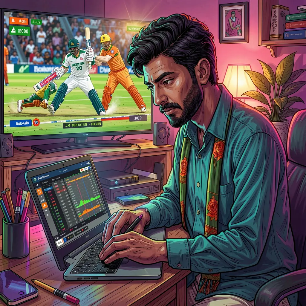 Focused Bangladeshi sports bettor analyzing cricket odds on a laptop with live match visuals behind using the QQ999 betting platform