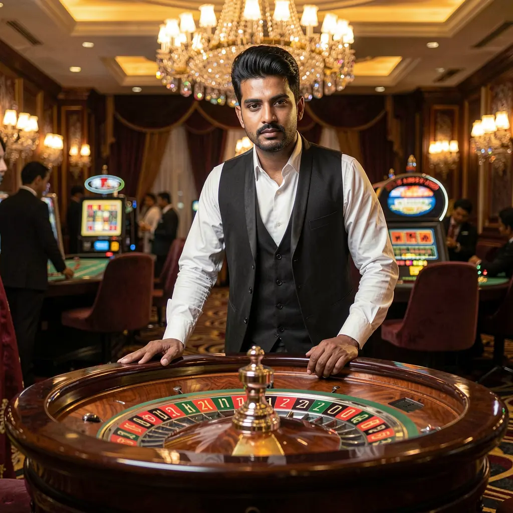 Confident casino dealer standing at a vibrant roulette table with glowing lights representing the high energy and premium live casino atmosphere of QQ999 in Bangladesh
