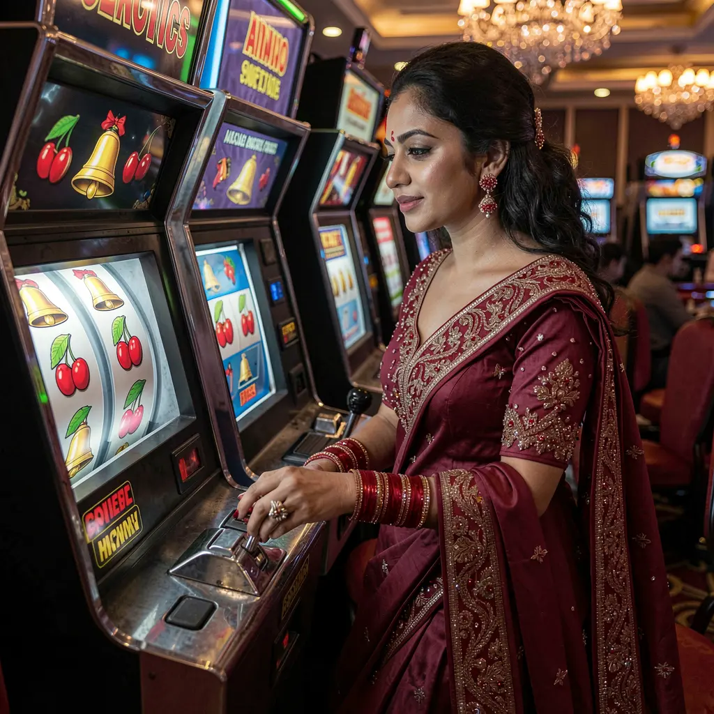 Elegant Bangladeshi woman in a glamorous evening dress playing a glowing slot machine with classic symbols at QQ999 casino surrounded by luxury and excitement